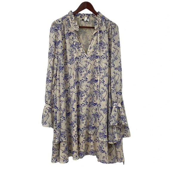 & Other Stories Ruffle Collar Cloud Print Mini Dress Women Sz 10 Tan Blue Tiered - Picture 1 of 15